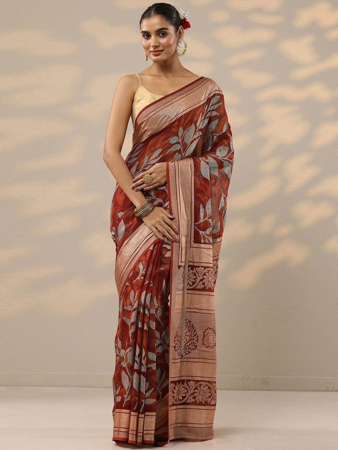  Red Printed Silk Blend Saree With Unstitched Blouse Piece 