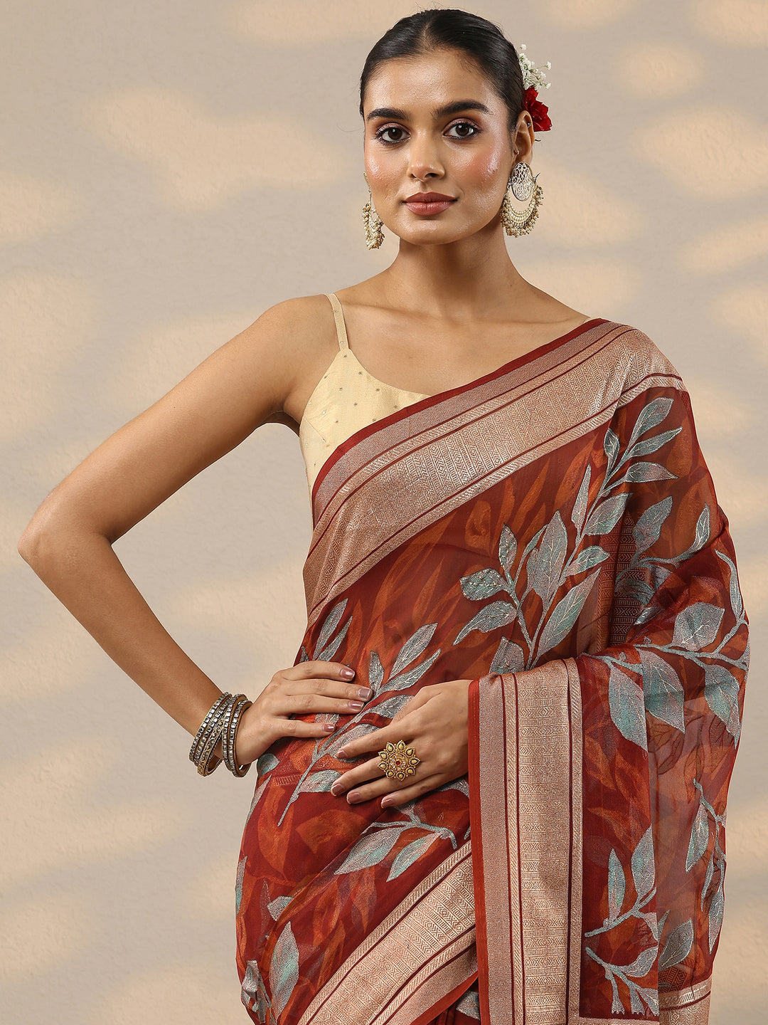  Red Printed Silk Blend Saree With Unstitched Blouse Piece 