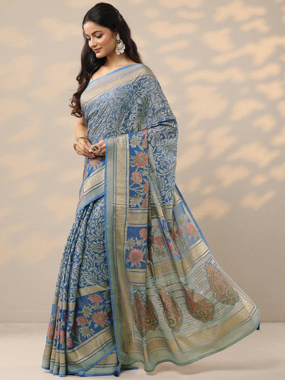  Blue Printed Silk Blend Saree With Unstitched Blouse Piece 