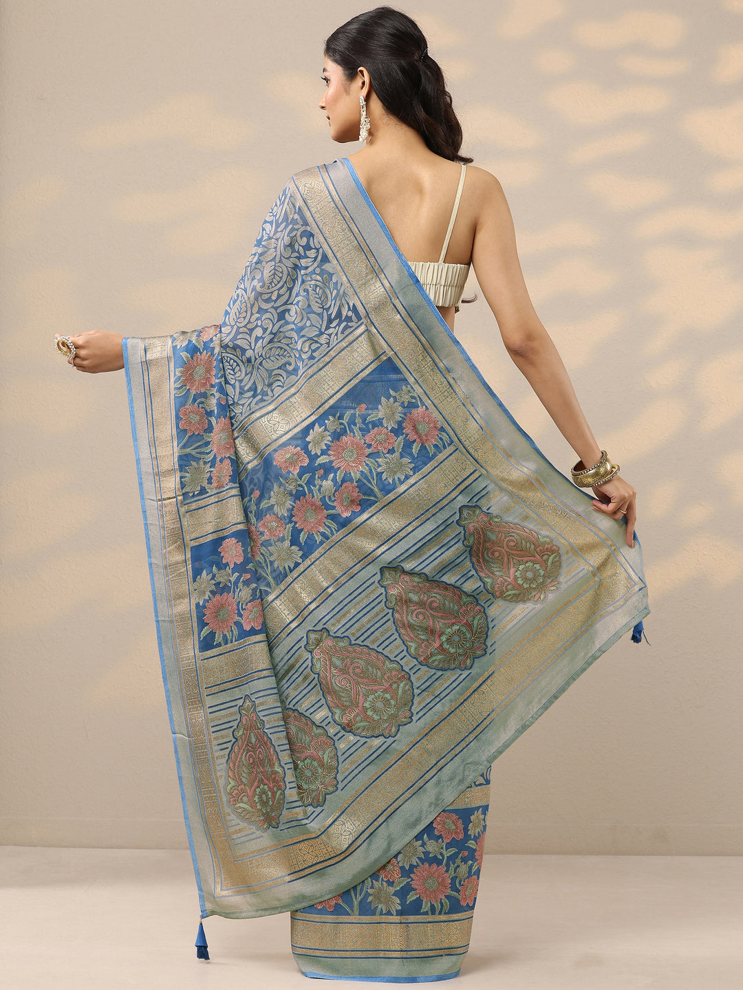  Blue Printed Silk Blend Saree With Unstitched Blouse Piece 