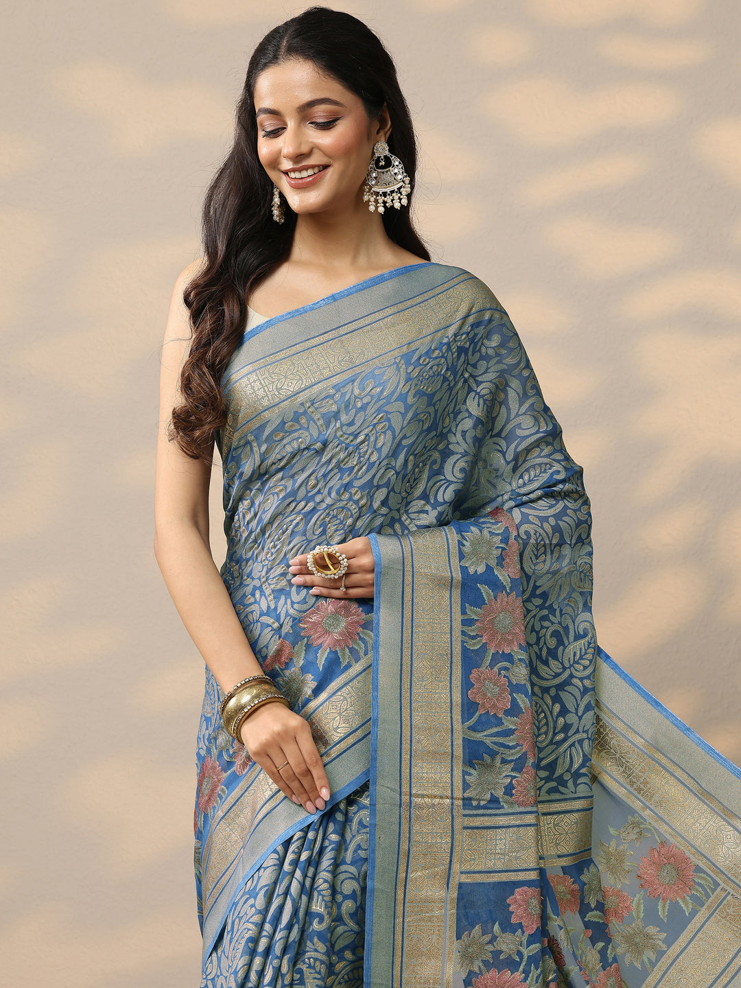  Blue Printed Silk Blend Saree With Unstitched Blouse Piece 