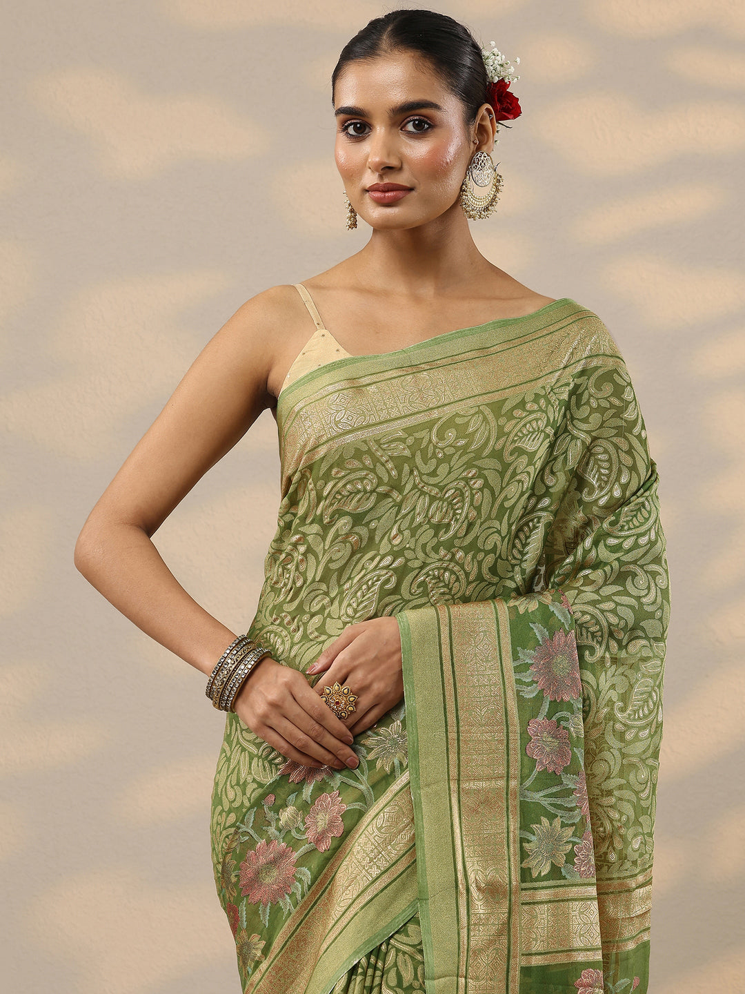  Green Printed Silk Blend Saree With Unstitched Blouse Piece 