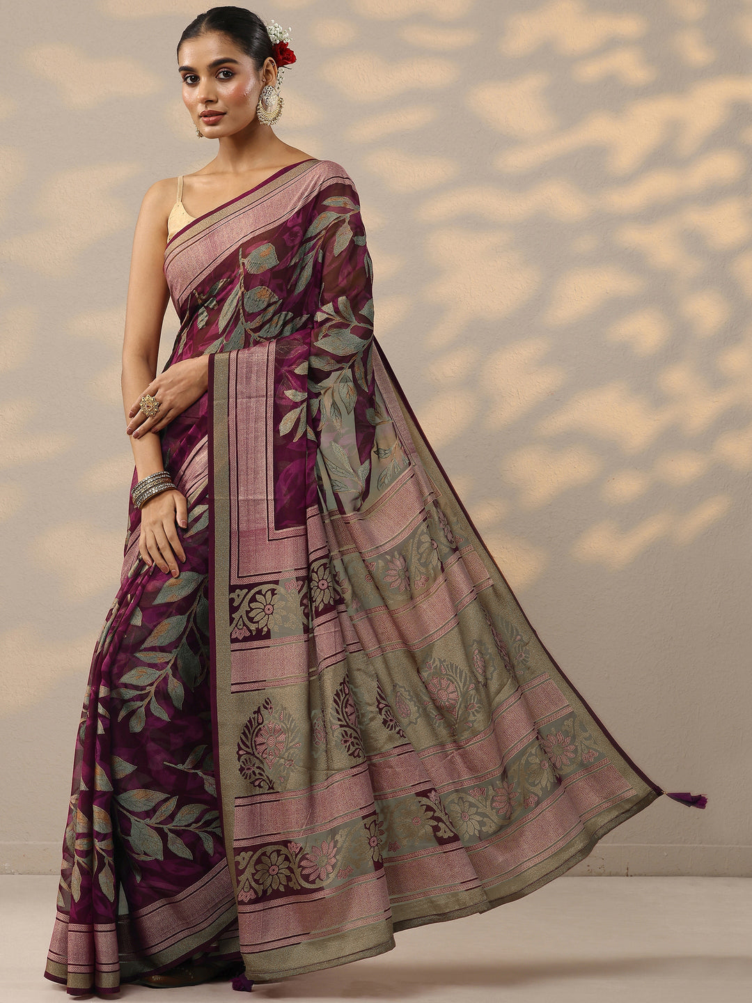  Burgundy Printed Silk Blend Saree With Unstitched Blouse Piece 