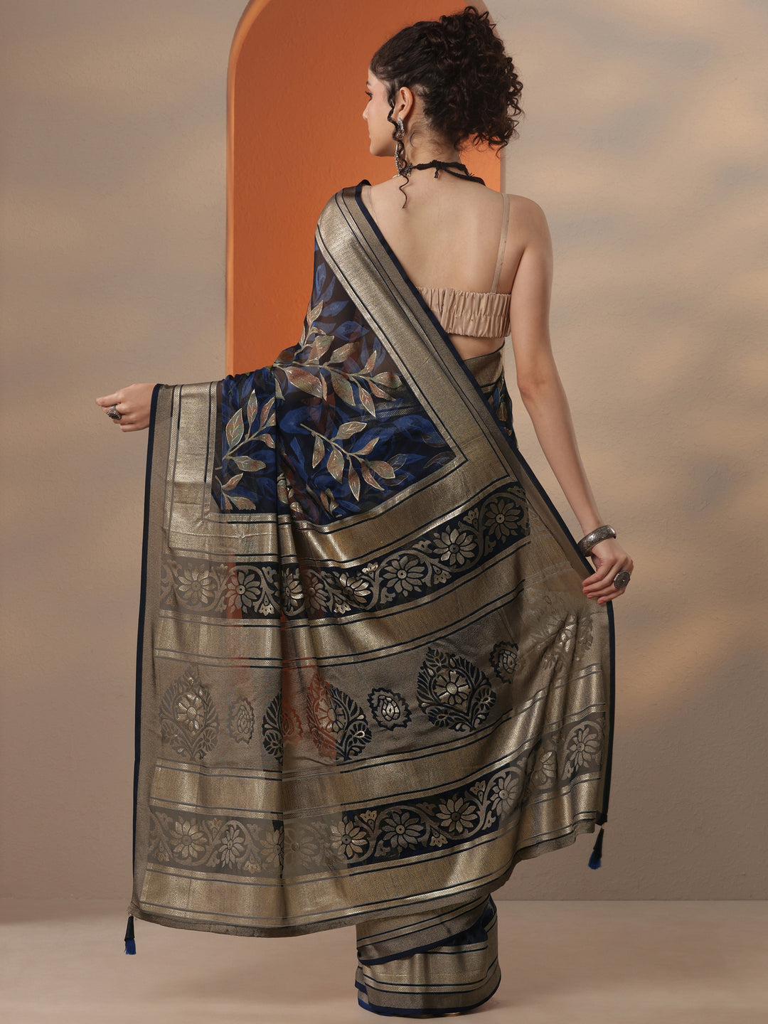  Blue Printed Silk Blend Saree With Unstitched Blouse Piece 