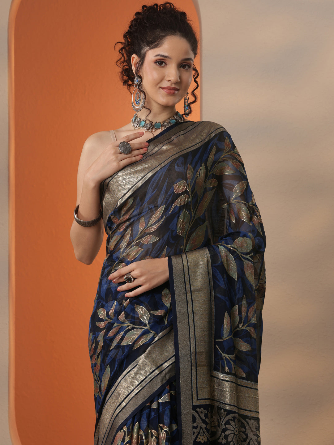  Blue Printed Silk Blend Saree With Unstitched Blouse Piece 