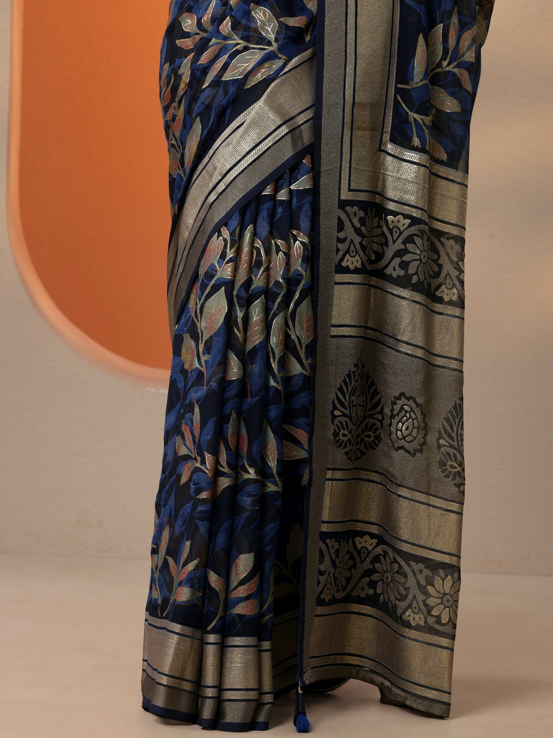  Blue Printed Silk Blend Saree With Unstitched Blouse Piece 