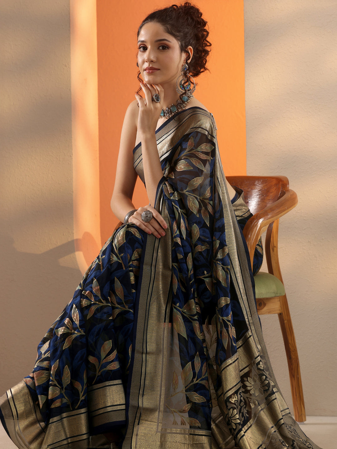  Blue Printed Silk Blend Saree With Unstitched Blouse Piece 