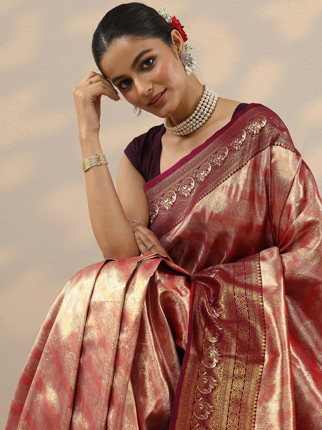  Red Woven Design Silk Blend Saree With Unstitched Blouse Piece 