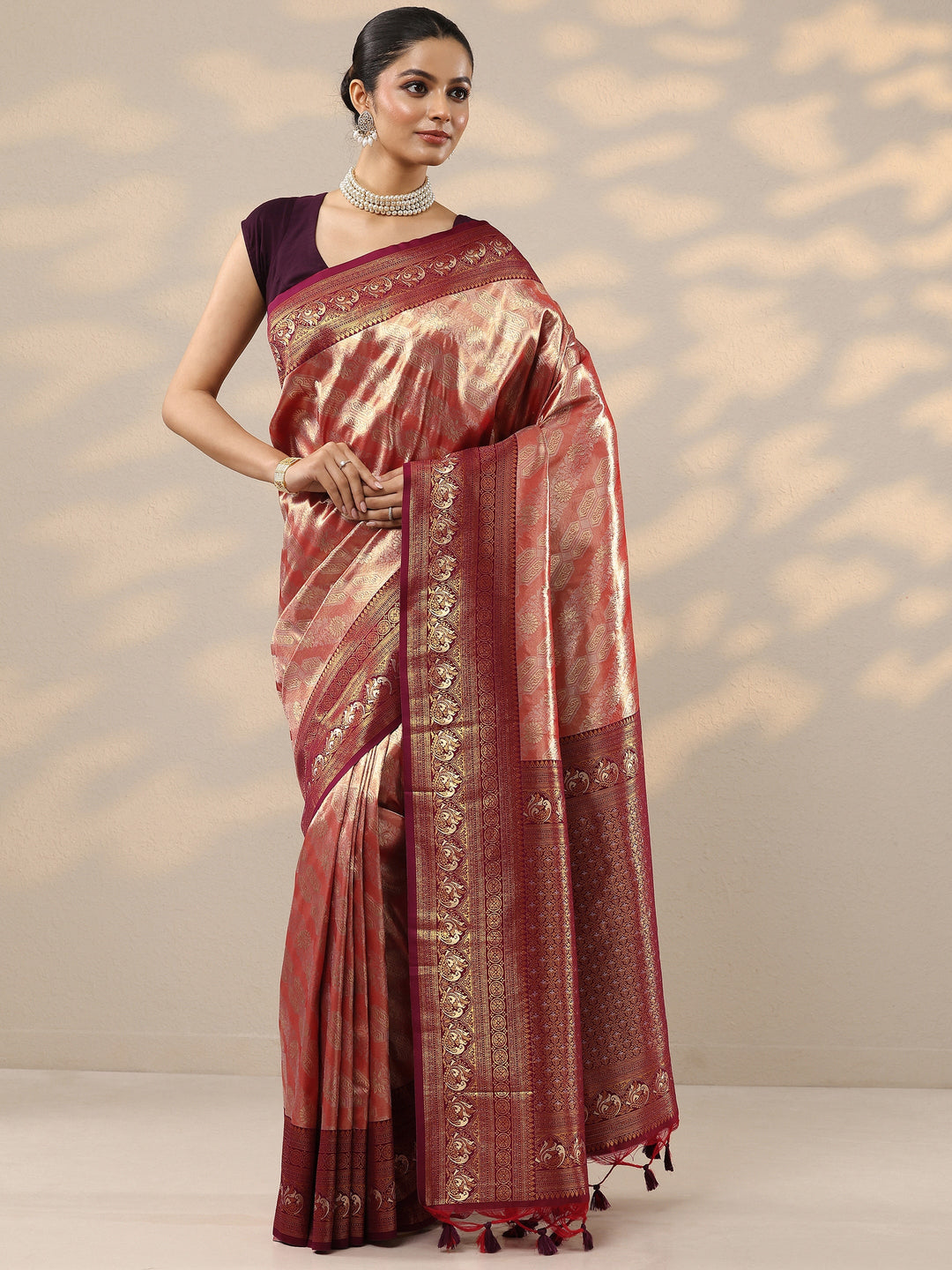  Red Woven Design Silk Blend Saree With Unstitched Blouse Piece 