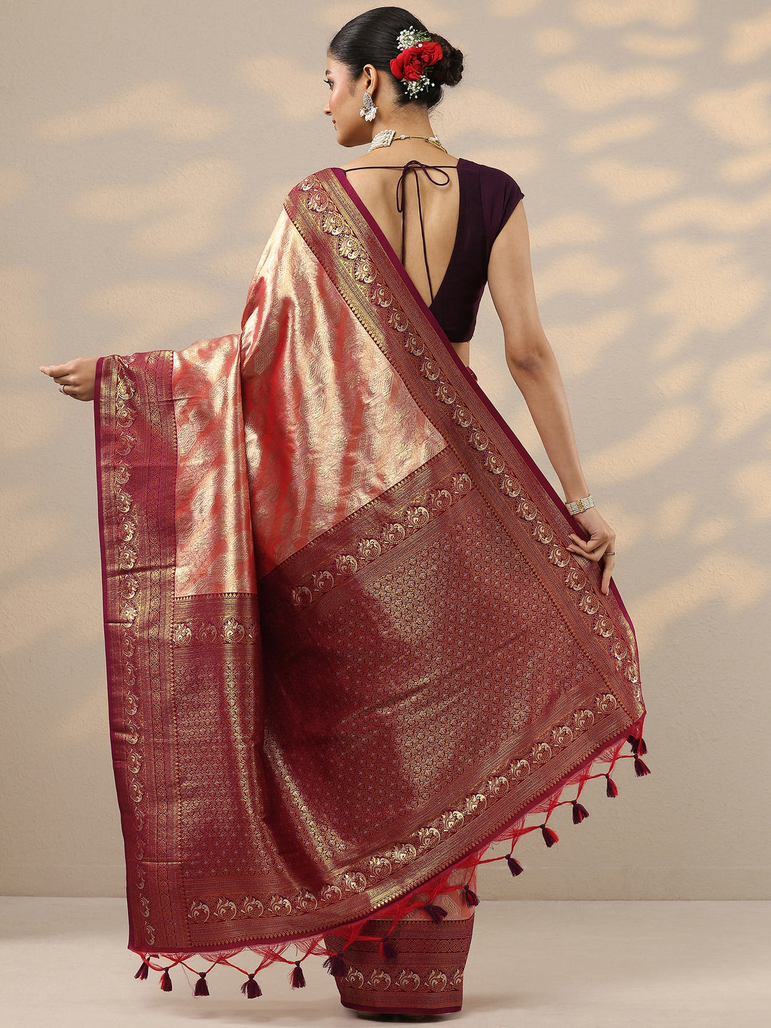  Red Woven Design Silk Blend Saree With Unstitched Blouse Piece 