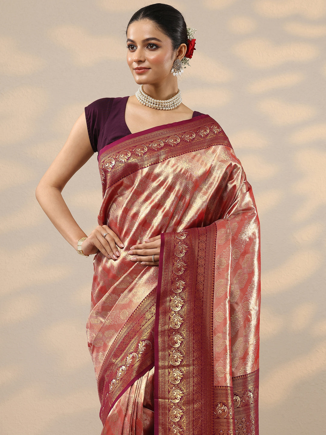  Red Woven Design Silk Blend Saree With Unstitched Blouse Piece 