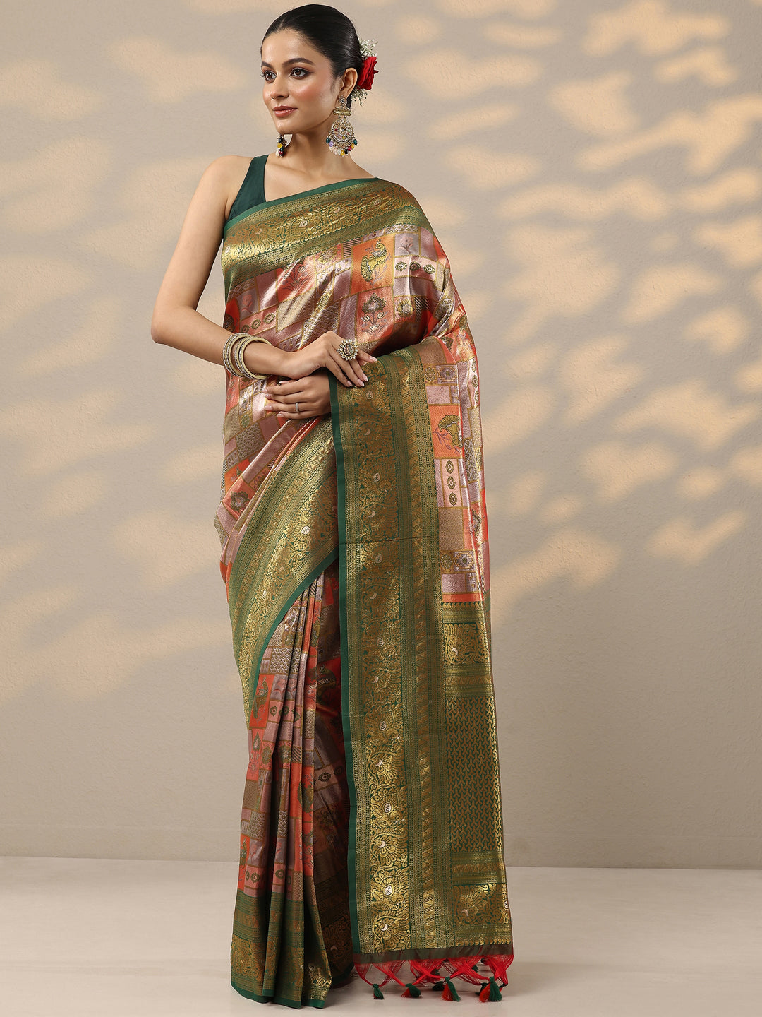 Red Woven Design Silk Blend Saree With Unstitched Blouse Piece 