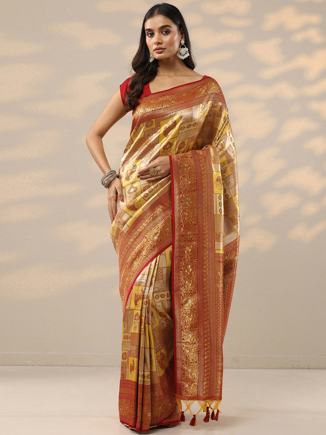  Yellow Woven Design Silk Blend Saree With Unstitched Blouse Piece 