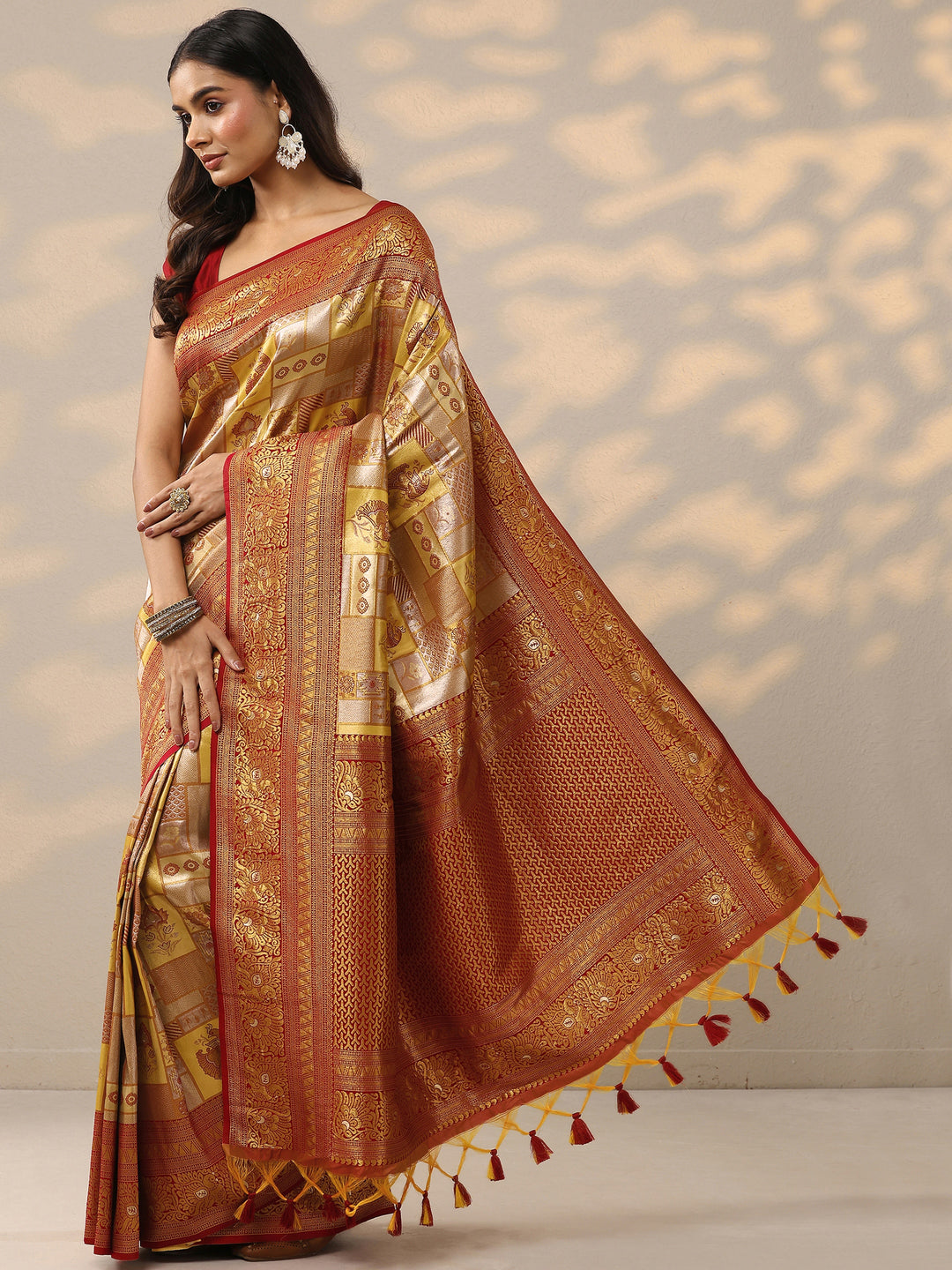  Yellow Woven Design Silk Blend Saree With Unstitched Blouse Piece 