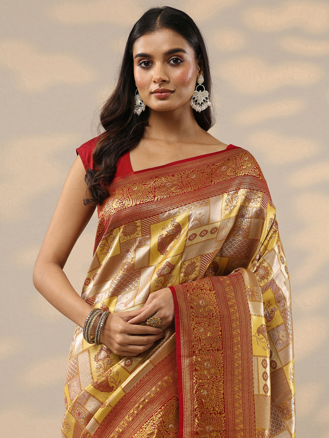  Yellow Woven Design Silk Blend Saree With Unstitched Blouse Piece 