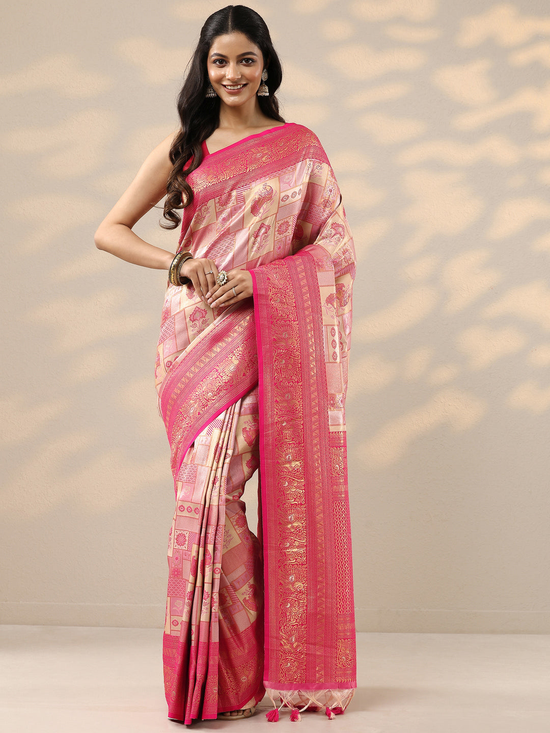  Pink Woven Design Silk Blend Saree With Unstitched Blouse Piece 