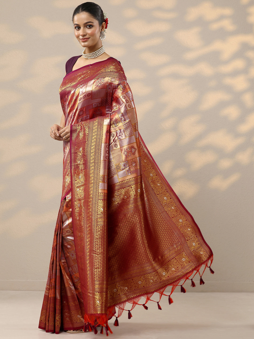  Orange Woven Design Silk Blend Saree With Unstitched Blouse Piece 