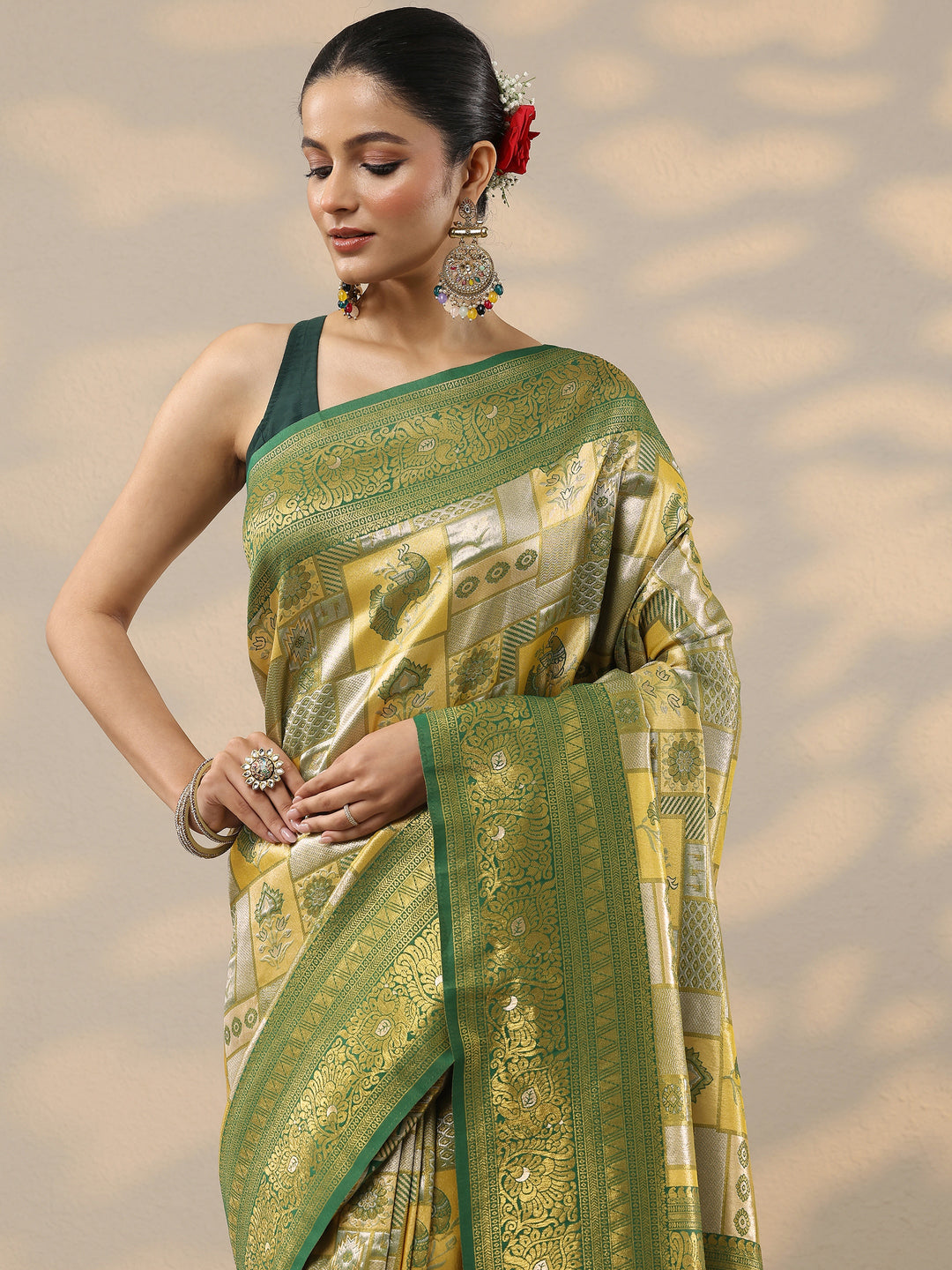  Yellow Woven Design Silk Blend Saree With Unstitched Blouse Piece 