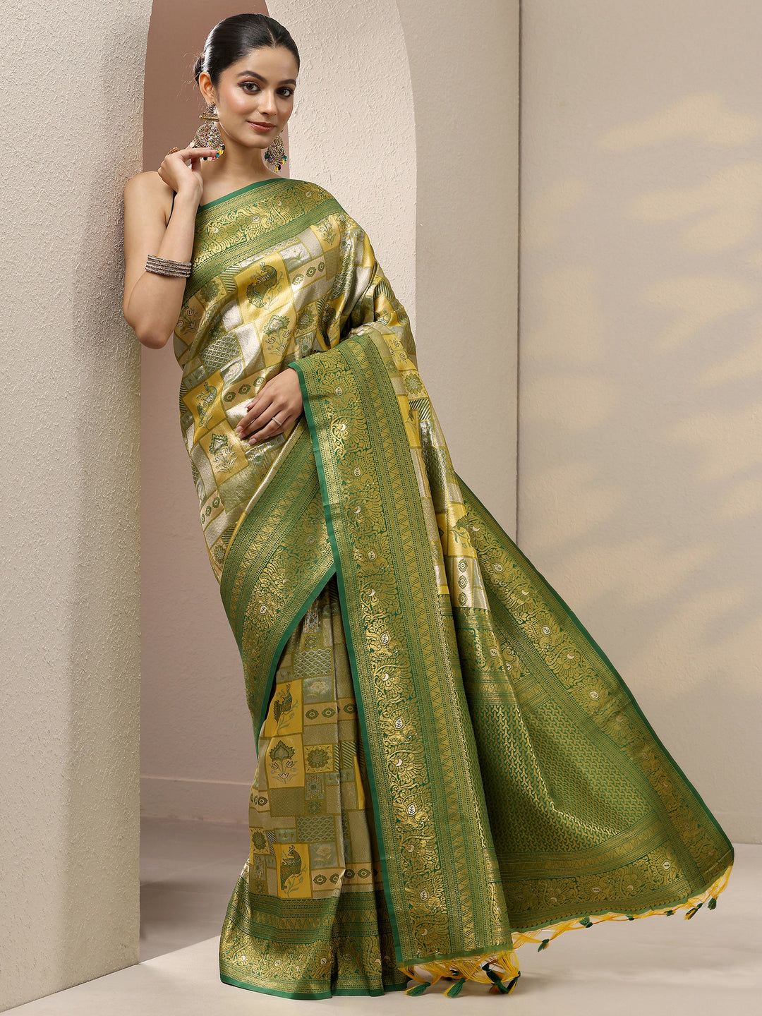  Yellow Woven Design Silk Blend Saree With Unstitched Blouse Piece 