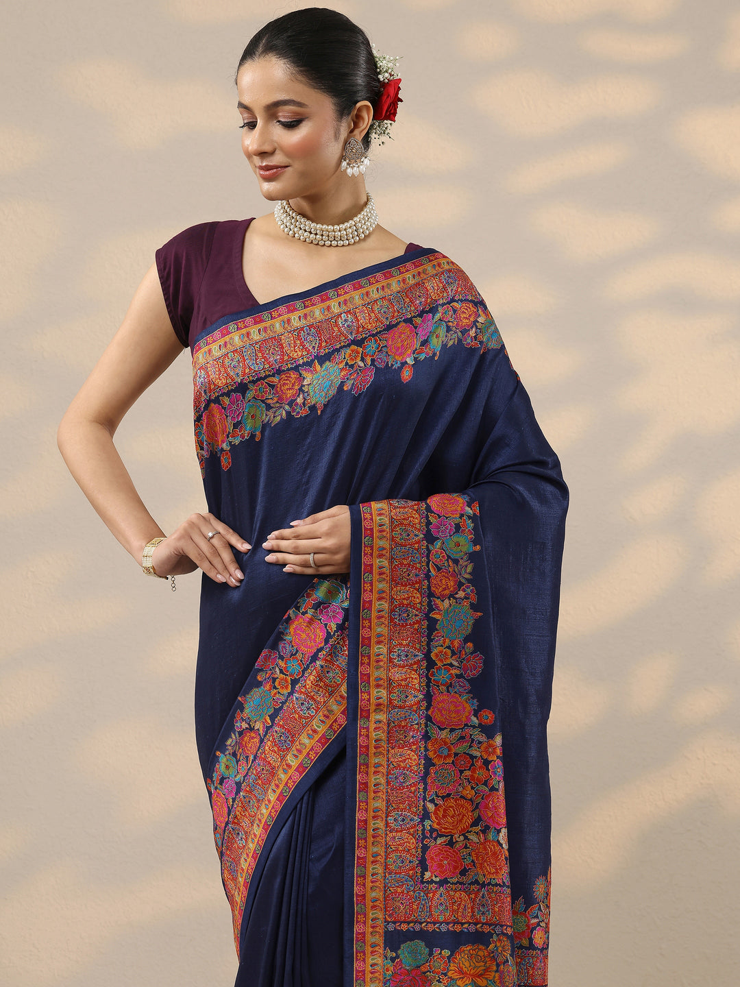  Navy Blue Printed Silk Blend Saree With Unstitched Blouse Piece 