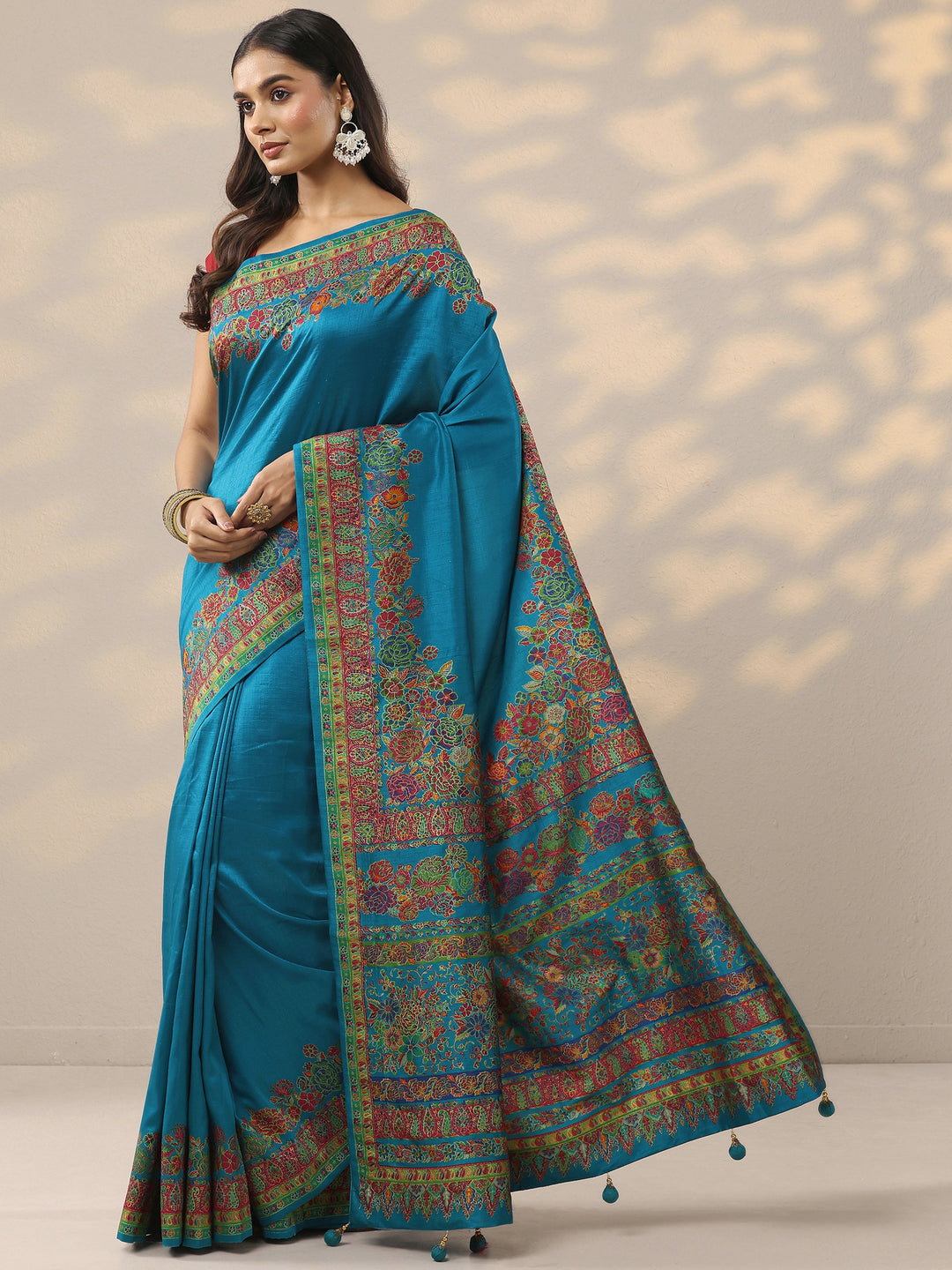  Blue Solid Silk Blend Saree With Unstitched Blouse Piece 