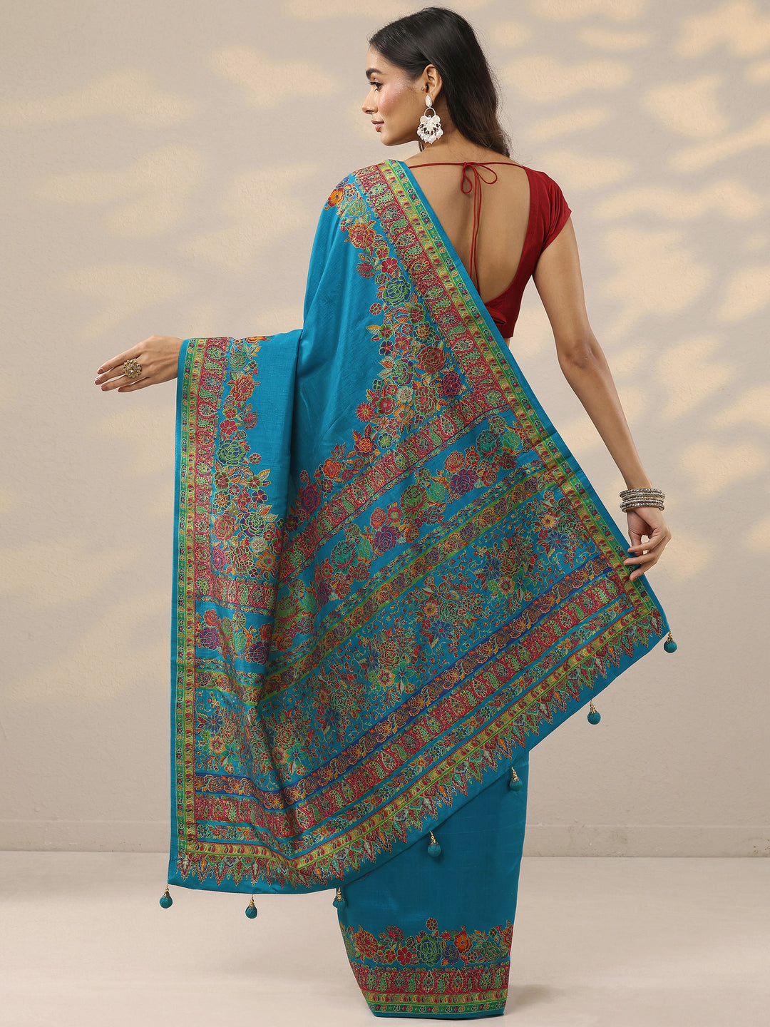  Blue Solid Silk Blend Saree With Unstitched Blouse Piece 