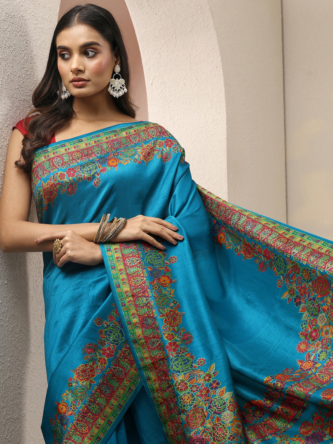  Blue Solid Silk Blend Saree With Unstitched Blouse Piece 