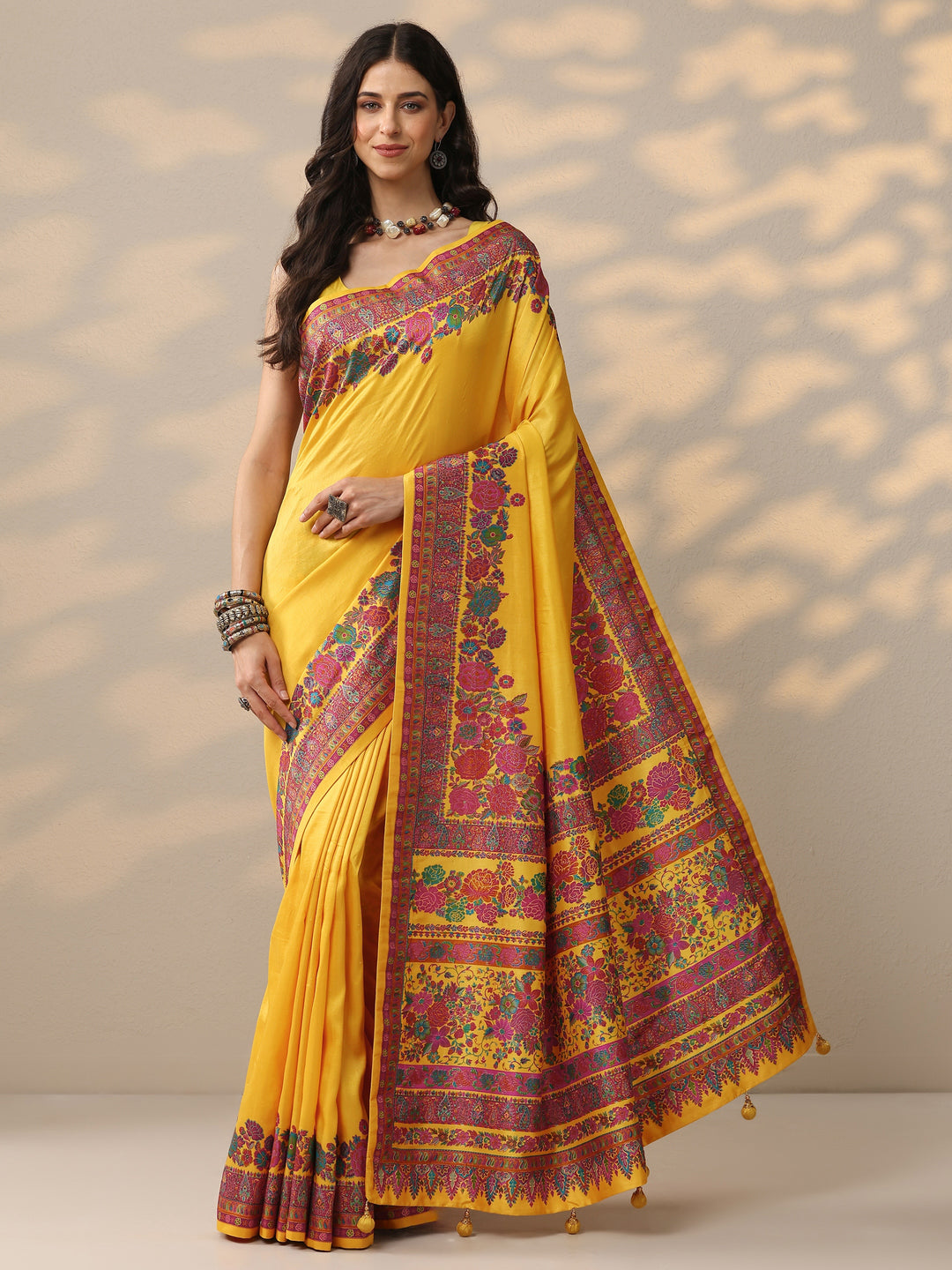  Yellow Solid Silk Blend Saree With Unstitched Blouse Piece 