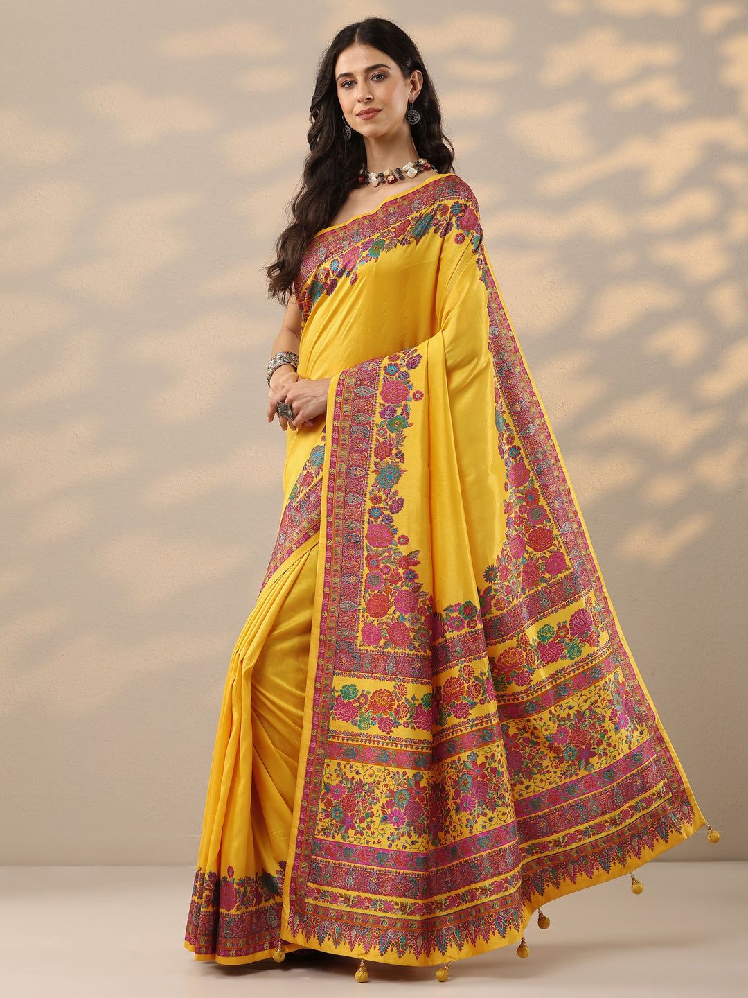  Yellow Solid Silk Blend Saree With Unstitched Blouse Piece 