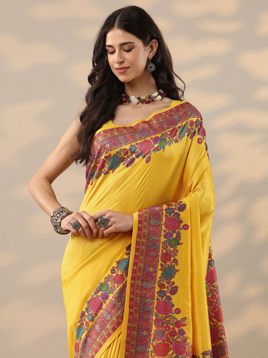  Yellow Solid Silk Blend Saree With Unstitched Blouse Piece 