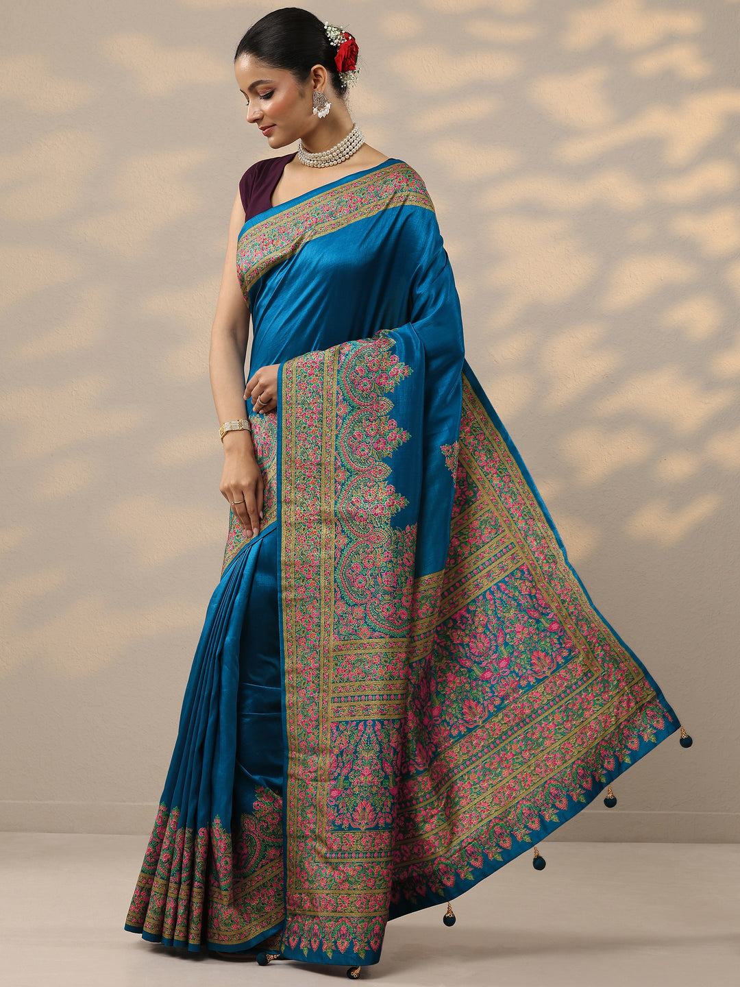  Blue Solid Silk Blend Saree With Unstitched Blouse Piece 