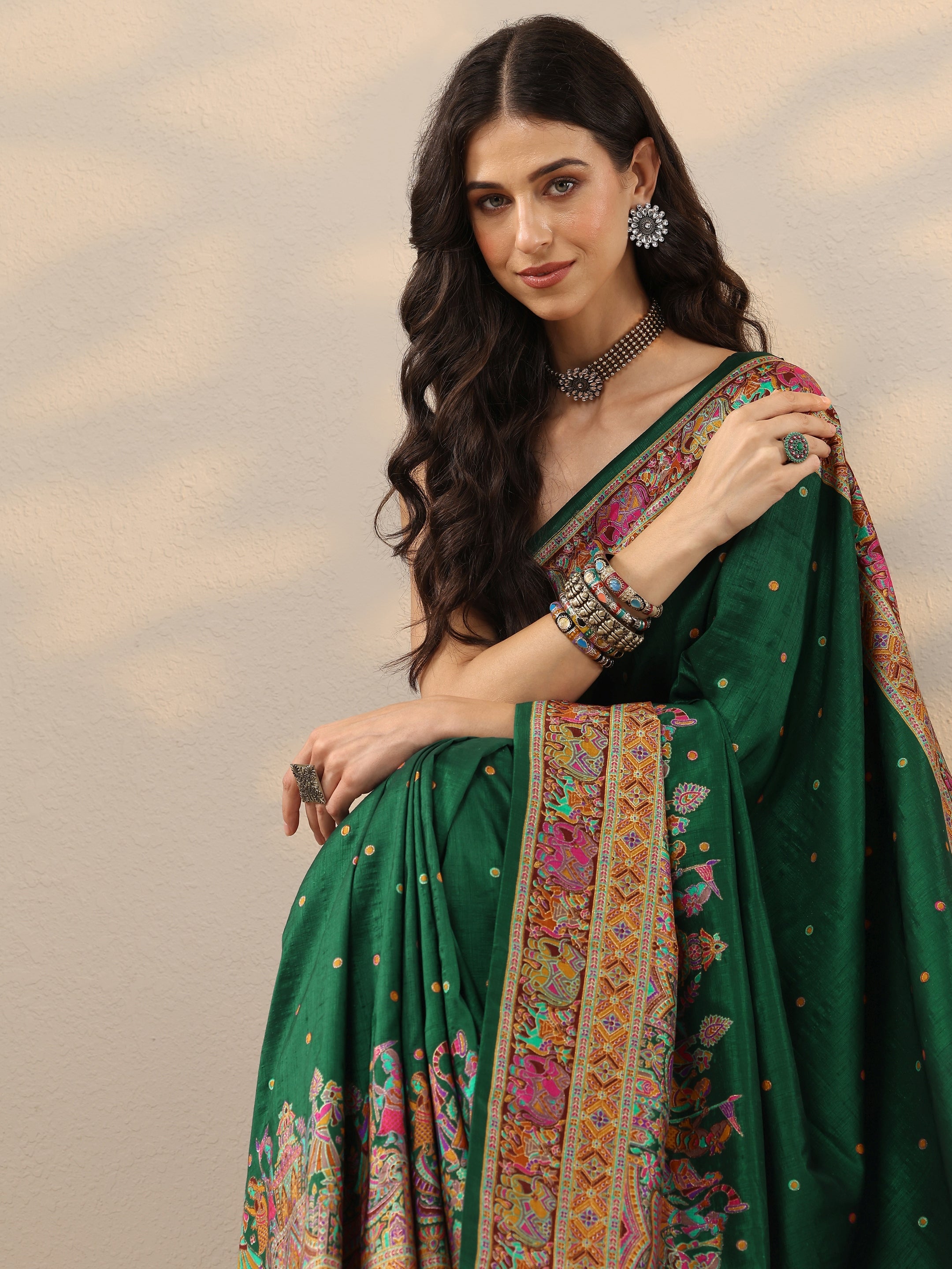 libas Green Printed Silk Blend Saree With Unstitched Blouse Piece-picture-38