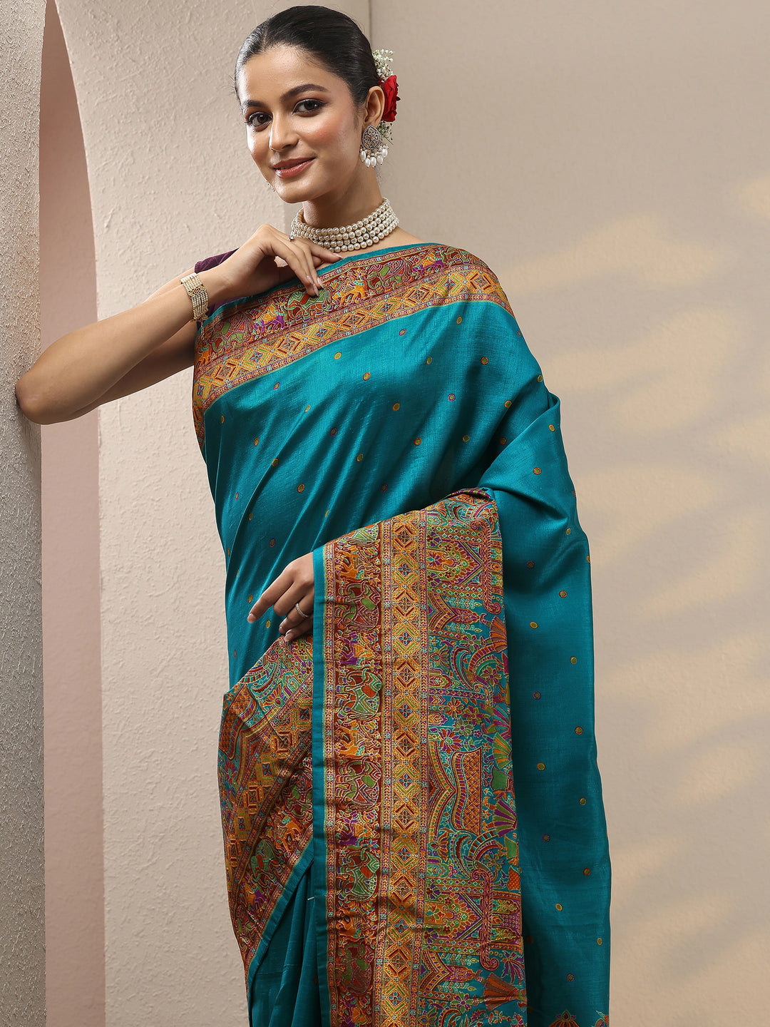  Teal Printed Silk Blend Saree With Unstitched Blouse Piece 