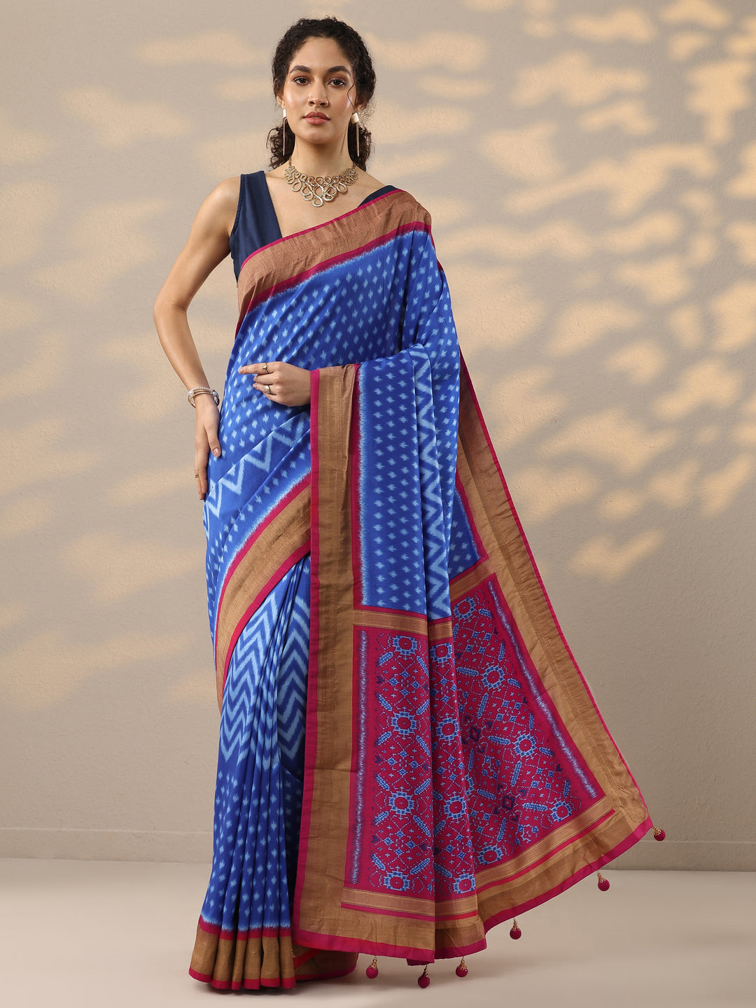  Blue Leheriya Printed Silk Blend Saree With Unstitched Blouse Piece 
