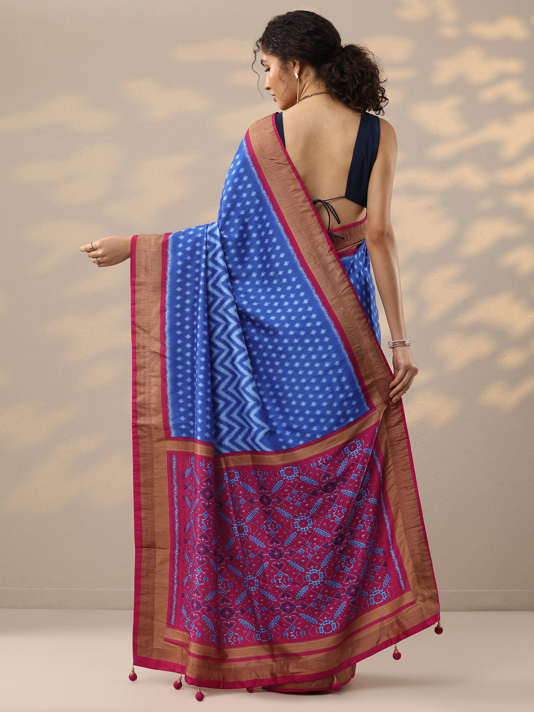  Blue Leheriya Printed Silk Blend Saree With Unstitched Blouse Piece 
