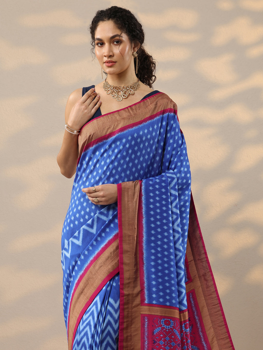  Blue Leheriya Printed Silk Blend Saree With Unstitched Blouse Piece 