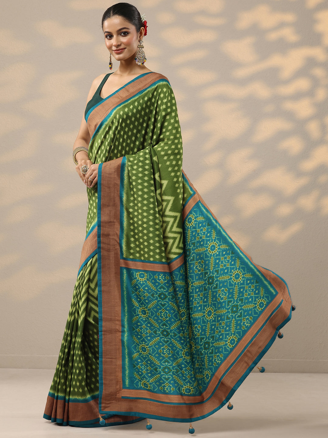  Green Leheriya Printed Silk Blend Saree With Unstitched Blouse Piece 