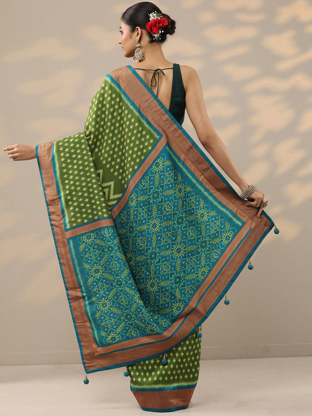  Green Leheriya Printed Silk Blend Saree With Unstitched Blouse Piece 