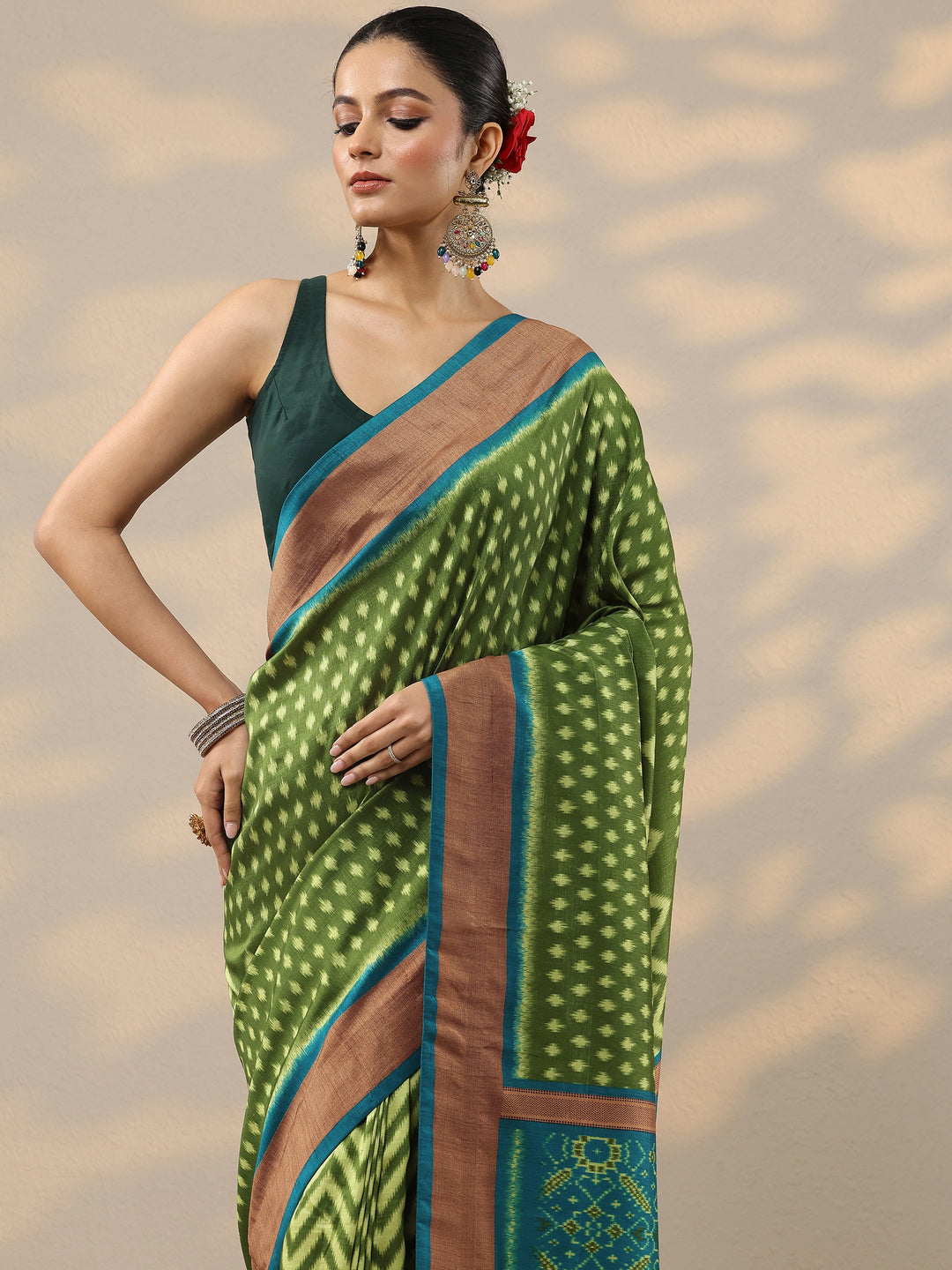  Green Leheriya Printed Silk Blend Saree With Unstitched Blouse Piece 