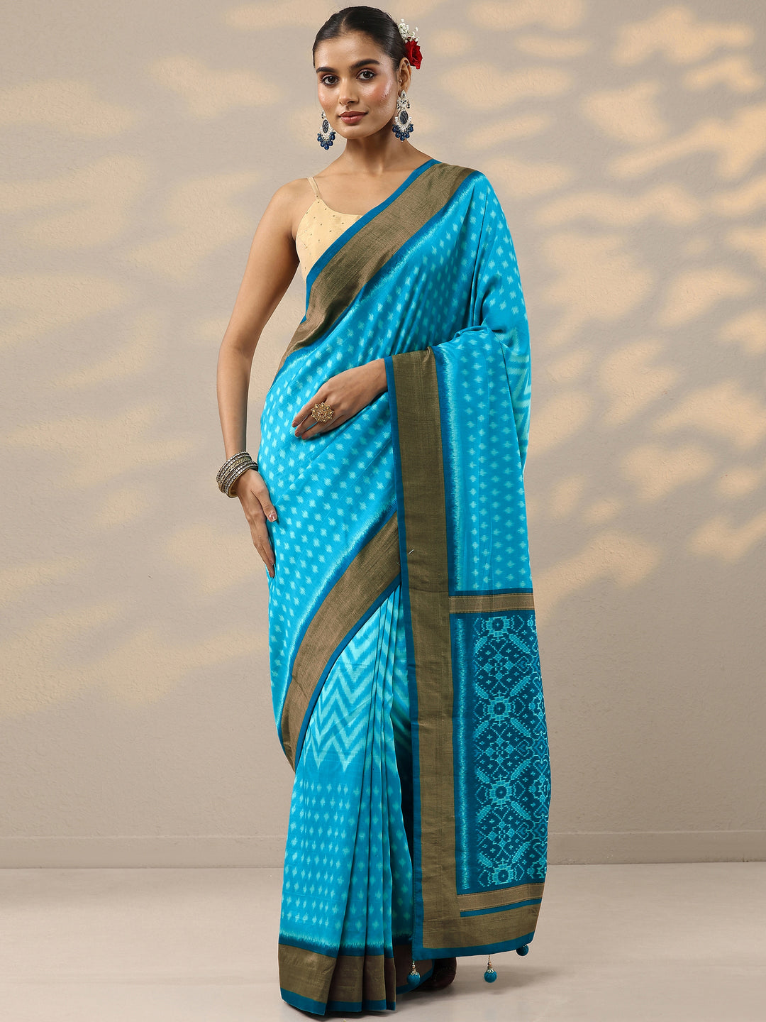  Blue Leheriya Printed Silk Blend Saree With Unstitched Blouse Piece 