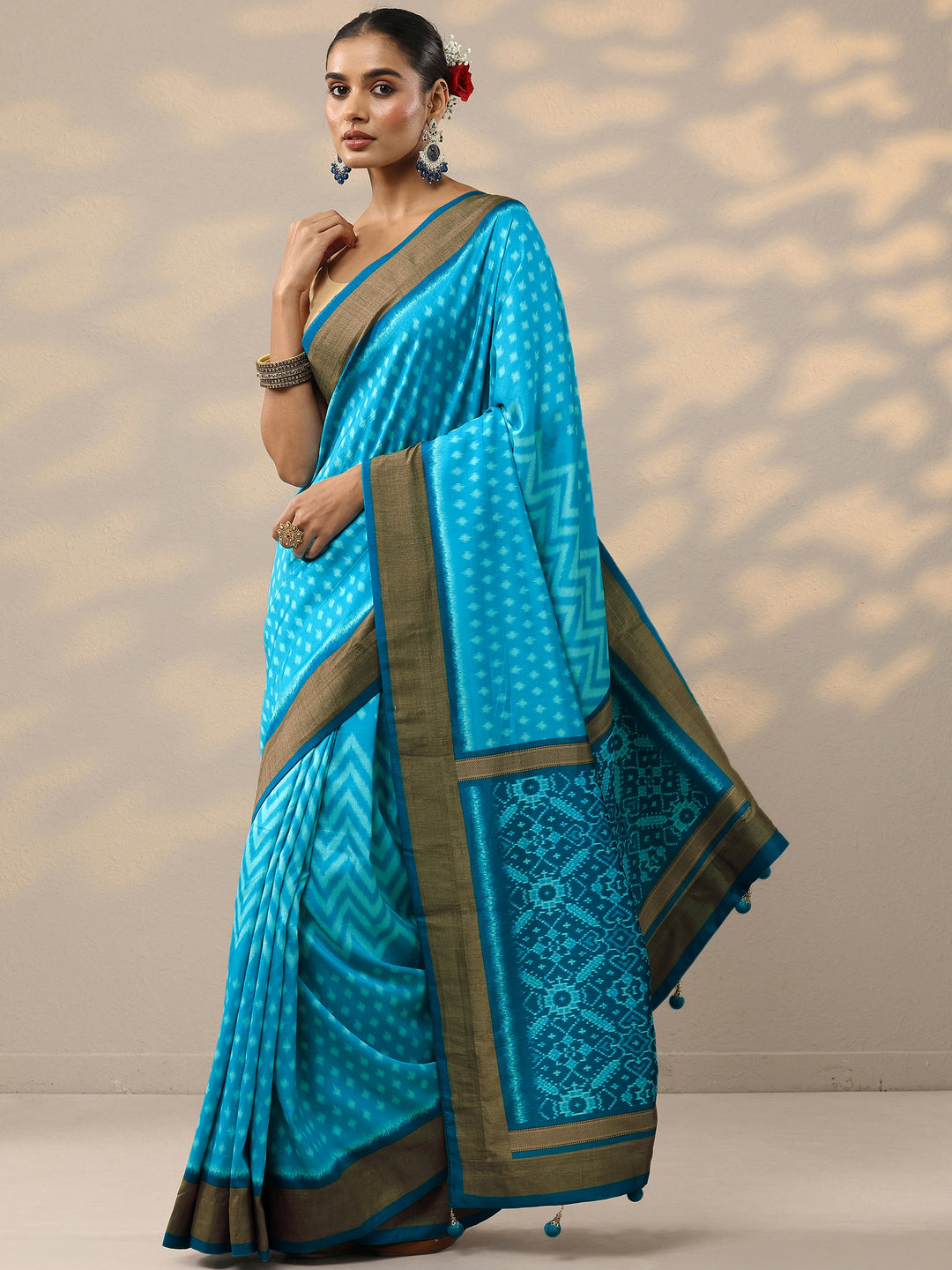  Blue Leheriya Printed Silk Blend Saree With Unstitched Blouse Piece 