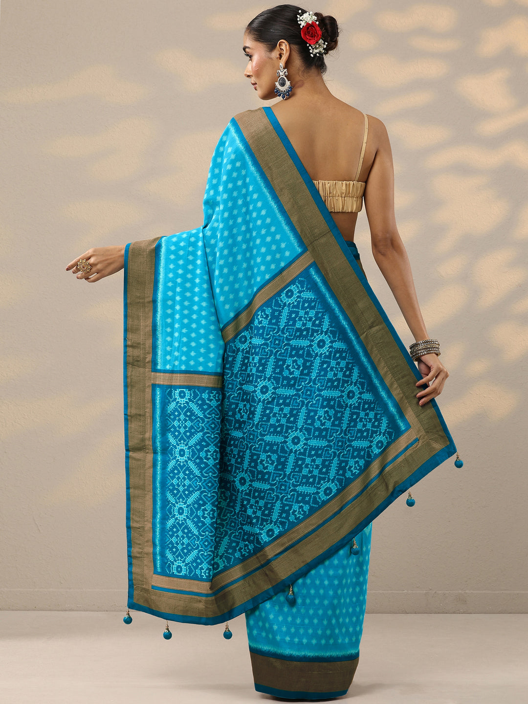  Blue Leheriya Printed Silk Blend Saree With Unstitched Blouse Piece 