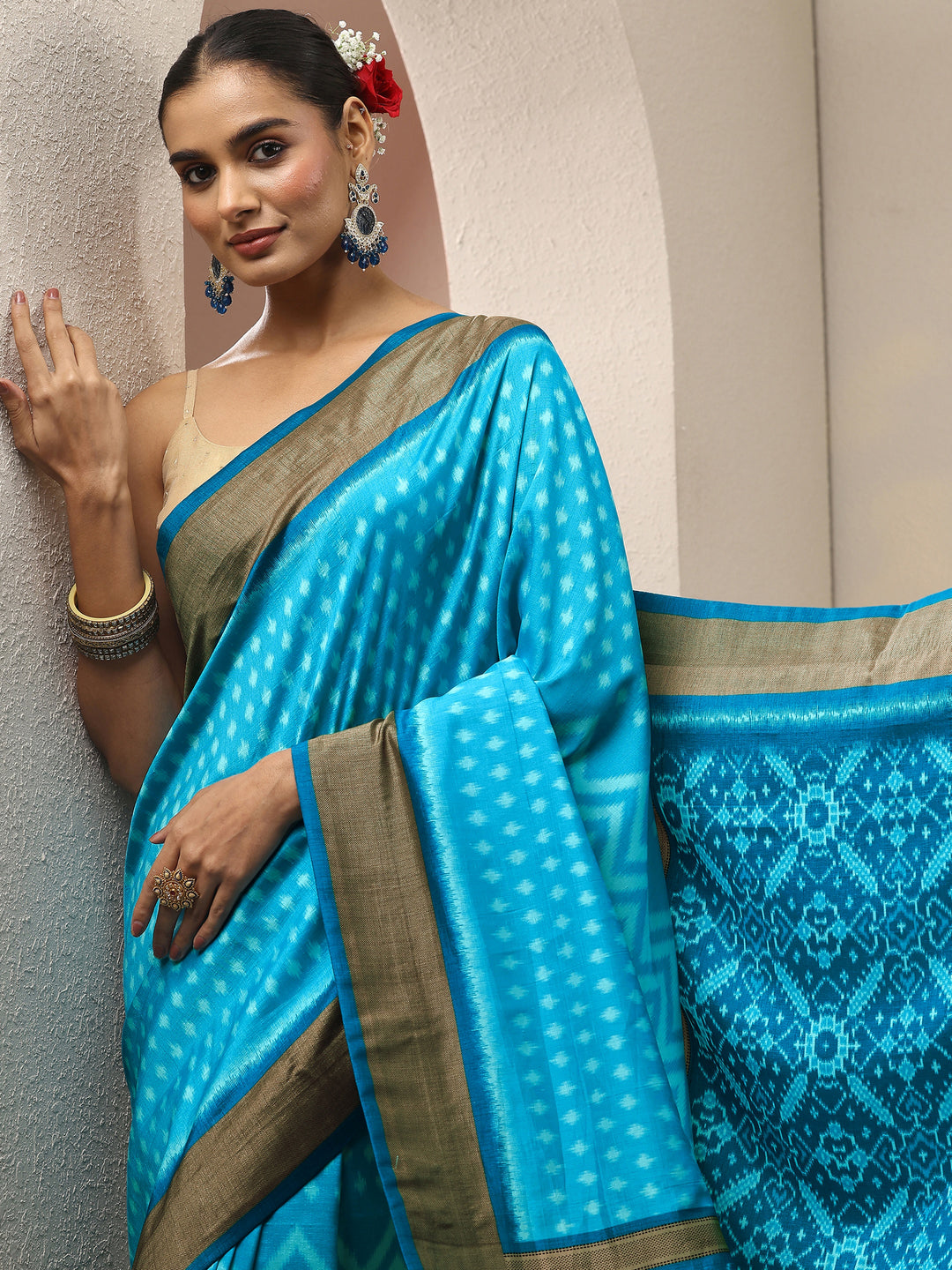  Blue Leheriya Printed Silk Blend Saree With Unstitched Blouse Piece 