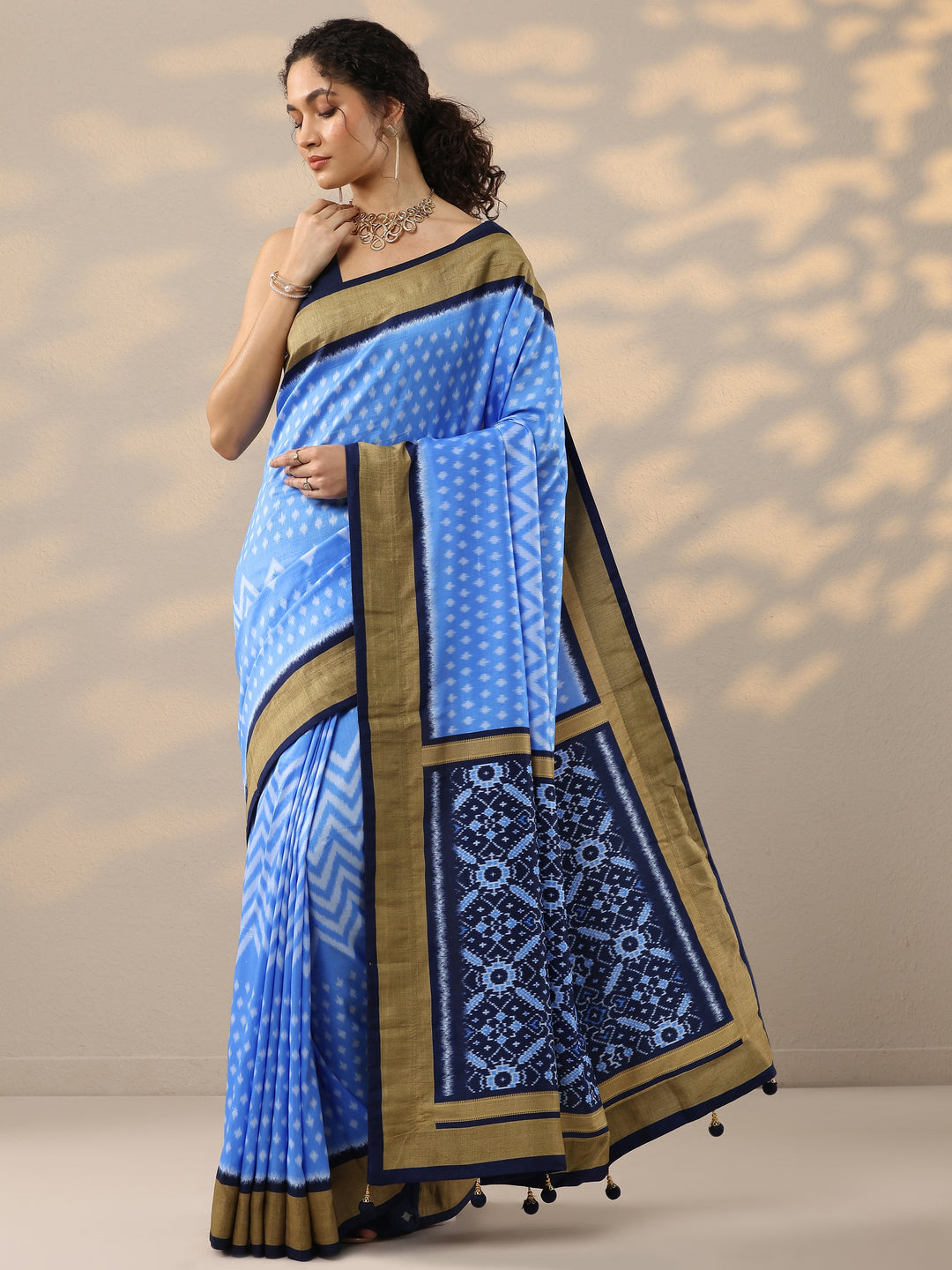  Blue Leheriya Printed Silk Blend Saree With Unstitched Blouse Piece 