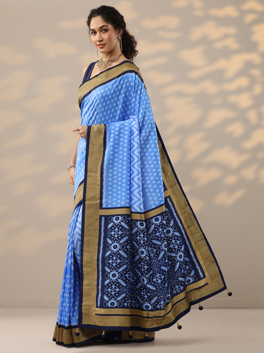  Blue Leheriya Printed Silk Blend Saree With Unstitched Blouse Piece 