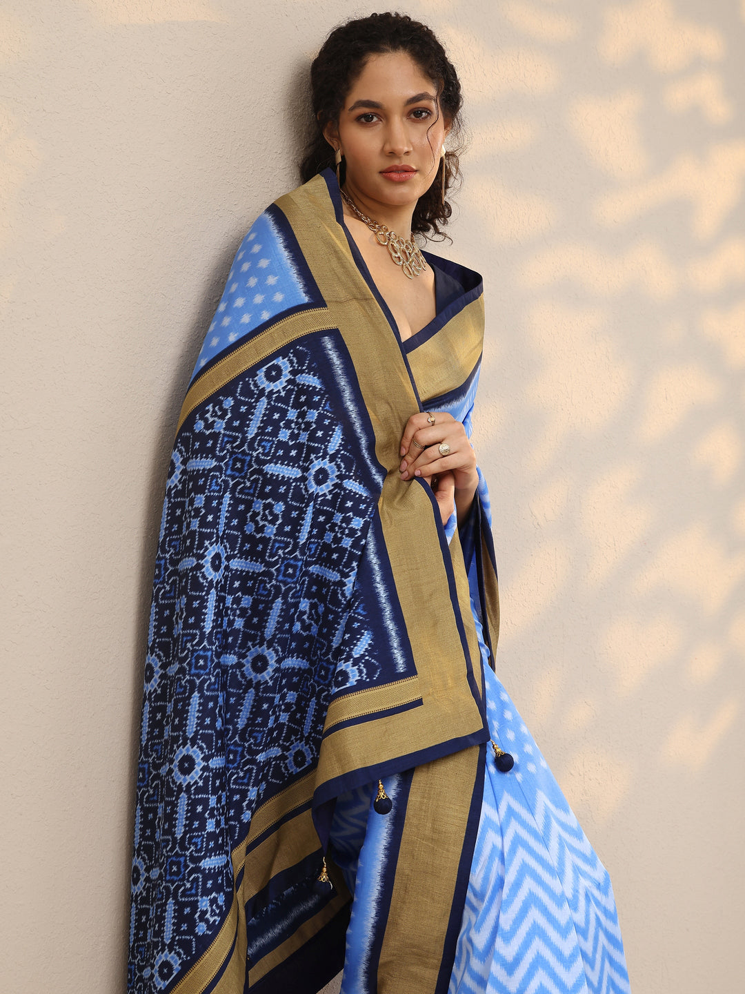  Blue Leheriya Printed Silk Blend Saree With Unstitched Blouse Piece 