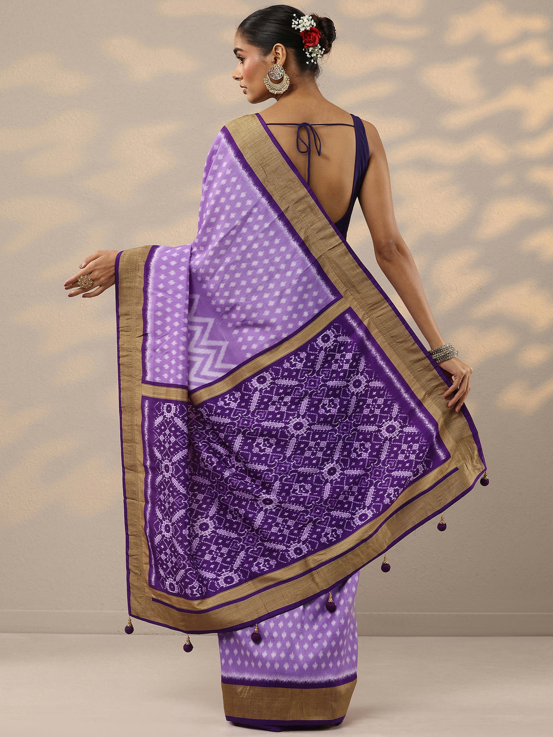  Purple Leheriya Printed Silk Blend Saree With Unstitched Blouse Piece 