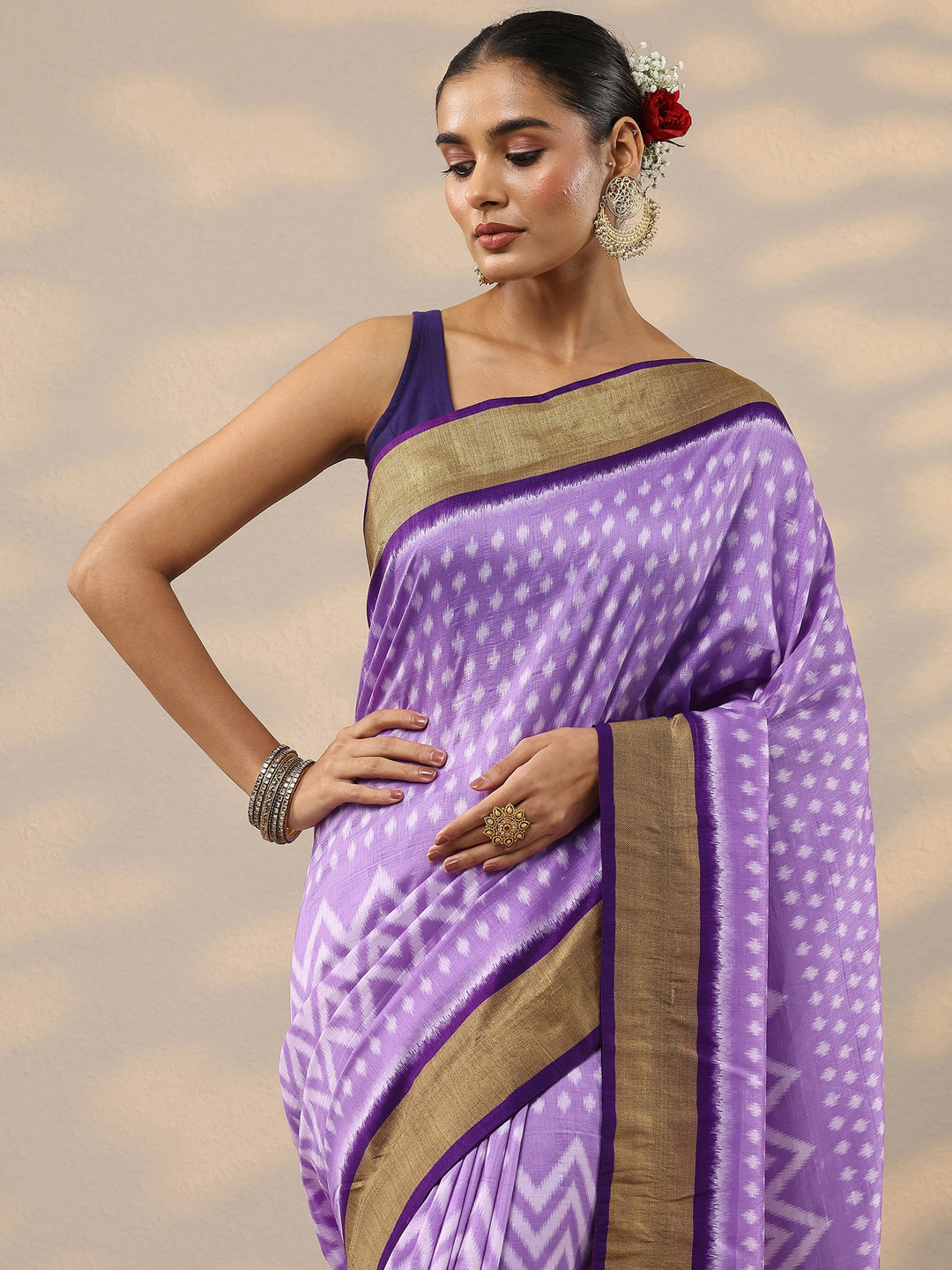  Purple Leheriya Printed Silk Blend Saree With Unstitched Blouse Piece 