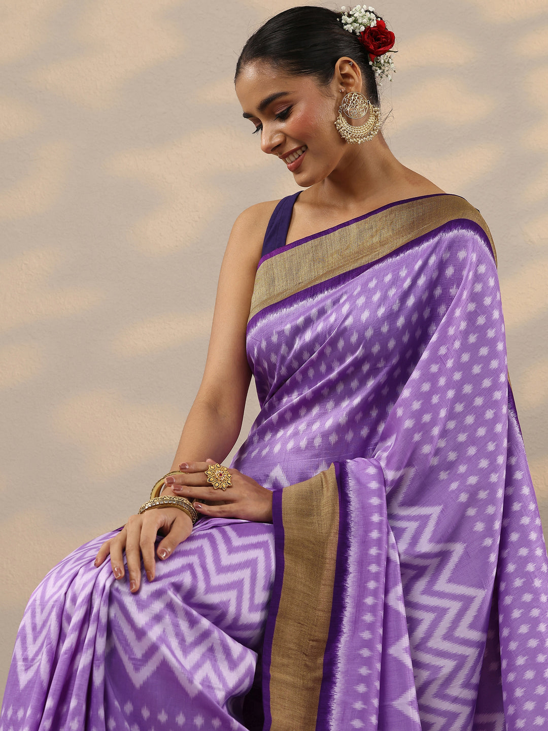  Purple Leheriya Printed Silk Blend Saree With Unstitched Blouse Piece 