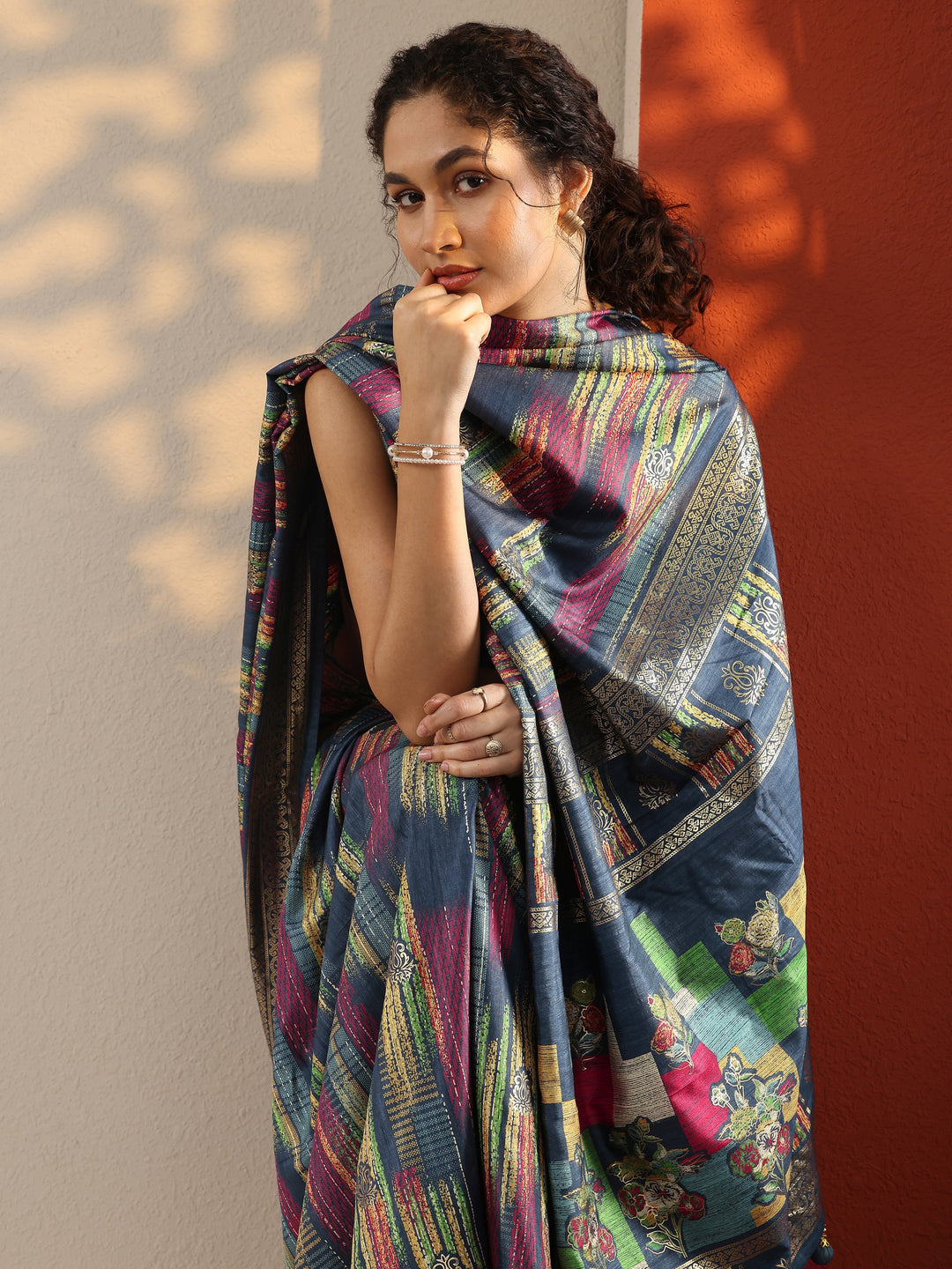 Blue Woven Design Silk Blend Saree With Unstitched Blouse Piece